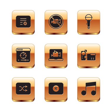 Çalma listesine Ekle, Arrow shuffle, Record düğmesi, Online video, Mikrofon, Müzik notası, ton ve İçki Yasağı kayıt simgesine ekle. Vektör