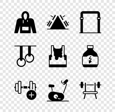Kapüşonlu, ağırlıklı metal askılık, spor yatay bar, Dumbbell, sabit bisiklet, Bench halteri, jimnastik yüzükler ve terli kolsuz tişört ikonu. Vektör