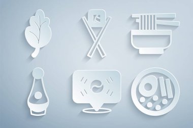 Güney Kore, Ramen, Soju şişesi, çubuklu suşi ve Kimchi ikonu ayarla. Vektör