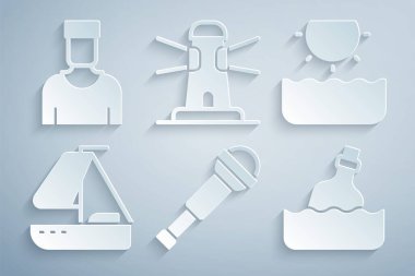 Spyglass teleskop lensi, güneş, yat yelkenlisi, içinde su, deniz feneri ve denizci ikonu olan bir şişe ayarla. Vektör