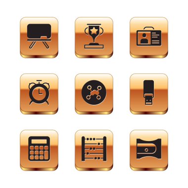 Tebeşir tahtası, hesap makinesi, abaküs, kimyasal formül, alarm saati, kimlik kartı, kalem açacağı ve ödül kupası ikonu. Vektör