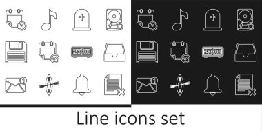 Satır Sil dosya belgesini, Sosyal medya gelen kutusunu, çapraz, Takvim işaretli Tombstone, Disket diskini ve saati, Retro fiskeyi ve Müzik notasını, simgeyi ayarla. Vektör