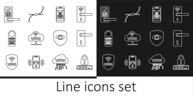 Satır Parola koruması, Kapı kolu, Mobil yüz tanıma, VPN ağ bulut bağlantısı, Lütfen rahatsız etmeyin, kablosuz dijital kapı kilidi, Kalkan göz ve Bezier eğrisi simgesi. Vektör