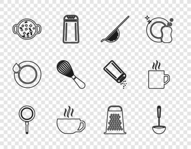 Hattı kurun, kızartma tavası, mutfak kepçesi, süzgeç, kahve fincanı, çorba demliği, çırpıcı, Grater ve ikon. Vektör