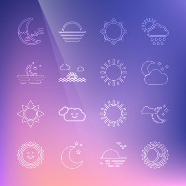 Güneş tutulması çizgisi, Ay ve yıldızlı Bulut, Güneş, Günbatımı, Ay, ikon ve simge. Vektör