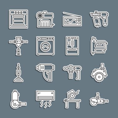 Açı öğütücü, elektrikli testere, inşaat zımbası, radyo, çamaşır makinesi, inşaat matkabı, fırın ve buzdolabı ikonu. Vektör