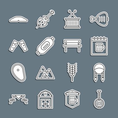 Banjo, Braid, Saint Patricks takvimi, müzikal davul ve sopalar, salam sosisi, bir bardak bira, ev yapımı turta ve Bench ikonu. Vektör