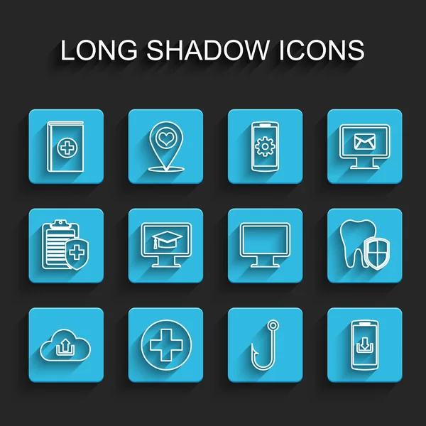 セットラインクラウドアップロード サークル内の医療クロス 釣りフック ダウンロードしてスマートフォン モニター卒業キャップ 歯科保護とコンピュータモニター画面のアイコンを設定します ベクトル — ストックベクタ