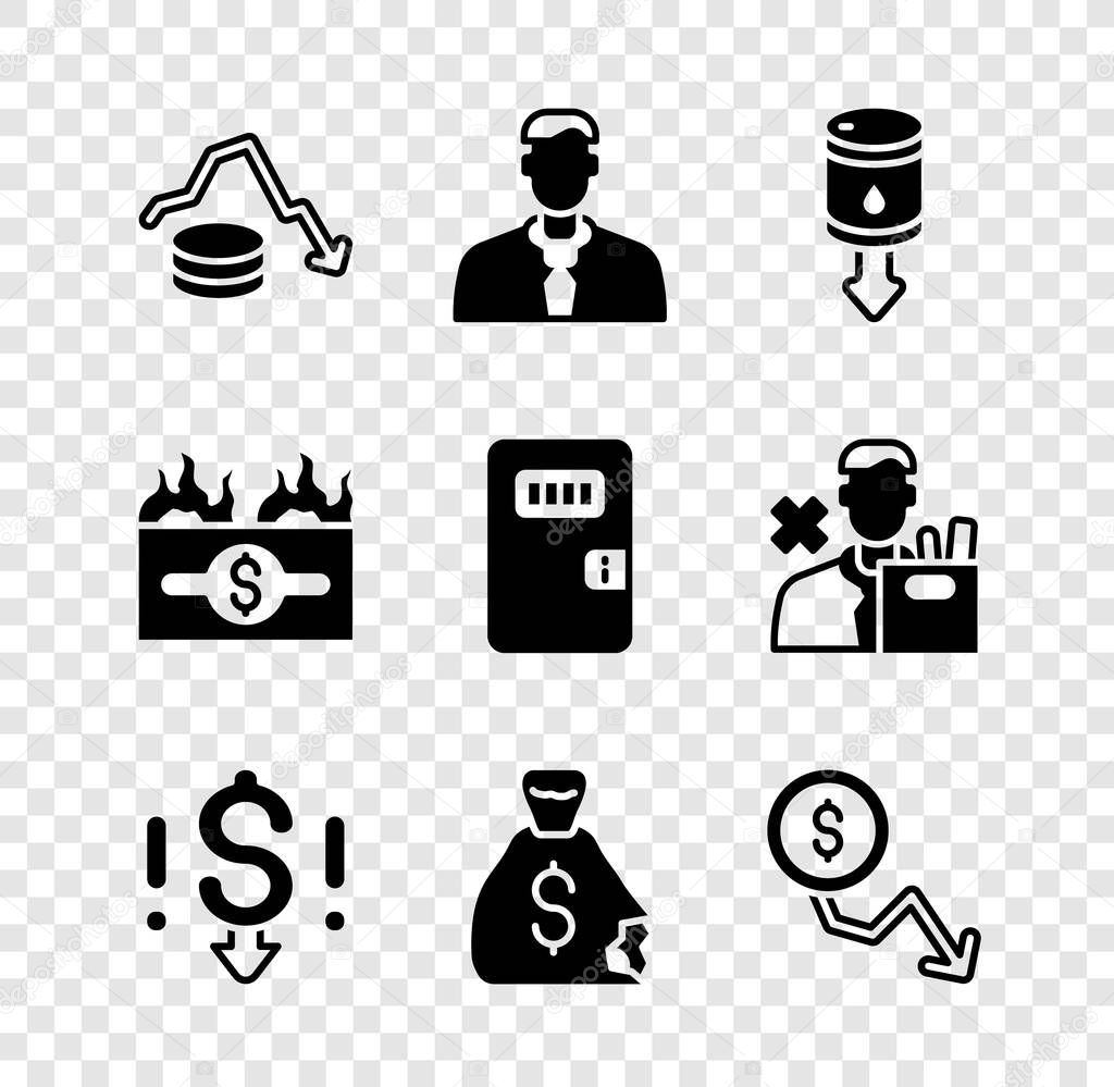 Establecer Disminución Tasa Dólar Trabajador Caída Precio Del Petróleo Crudo Bolsa Dinero Billete Dólar Llamas Icono Puerta Celda Prisión Vector