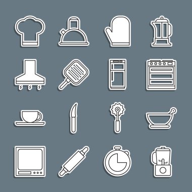 Hat karıştırıcı, havan topu, fırın, eldiven, tava, mutfak sökücü fanı, şef şapkası ve buzdolabı ikonu. Vektör