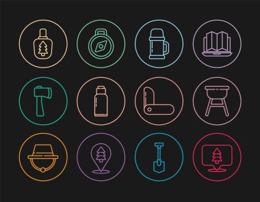 Ormanın yeri, ızgara ızgarası, termos kabı, kantin su şişesi, tahta balta, İsviçre çakısı ve pusula ikonu. Vektör