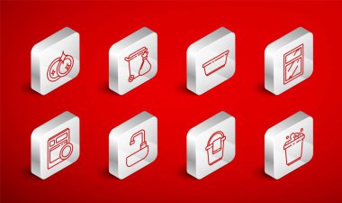 Sabun köpüğü, çöp tenekesi ve çöp poşeti, plastik leğen, cam temizleme servisi, bez, bulaşık yıkama, lavabo musluğu ve bulaşık makinesi ikonu ile kablo dökün. Vektör