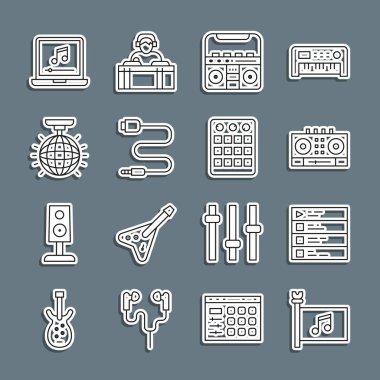Set hattı müzik festivali bayrağı, müzik listesi, DJ uzaktan kumandalı ve karışık müzik, hoparlörlü ev teybi, ses kriko, disko topu, dizüstü bilgisayar notası ve davul makinesi simgesi. Vektör