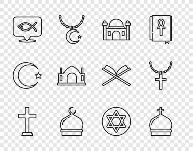 Hristiyan haçı, kilise kulesi, Müslüman camisi, balık, Hindu ruhani tapınağı, Davut Yıldızı ve zincir ikonu. Vektör