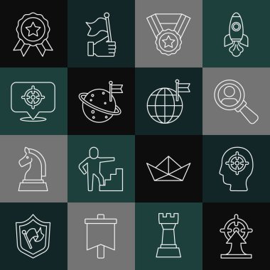 Hedef al, kafa avla, arama için büyüteç, madalya al, bayraklı ay ve gezegen ikonu. Vektör