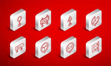 Çizgi parkı, yol bariyeri, üçgen uyarısı, trafik işareti, dur, yol ayrımı ve simge. Vektör