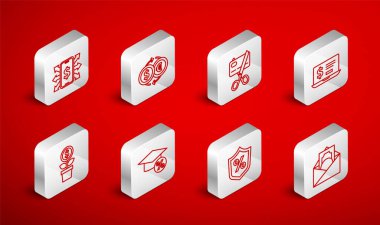 Zarfı dolar sembolü, para değişimi, makas kesme kartı, kredi kartı, dizüstü bilgisayar, kredi yüzdesi, akıllı telefon, mezuniyet şapkası, bozuk para ve dolar bitkisi ikonu ile ayarla. Vektör