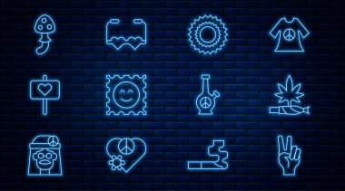 Set hattı barış sembolü, esrar, esrar, sigara, güneş, LSD asit izi, Psilocybin mantarı, nargile ve kalp şeklinde aşk gözlüğü ikonu. Vektör