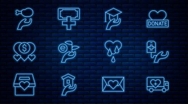 İnsani yardım kamyonu, kan bağışı, eğitim bursu, Yaprak, bağış hayır kurumu, yemek ve ikon. Vektör