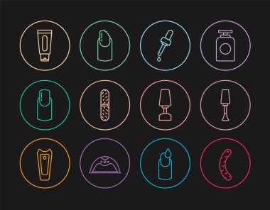 Tırnak törpüsü, oje, yağlı, manikürlü Pipette, el kremi tüpü, değirmen makası ve kırık tırnak ikonu. Vektör