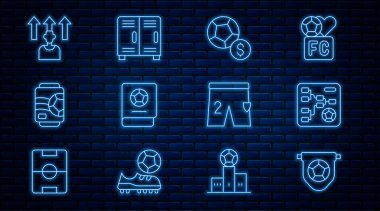 Futbol bayrağı flaması, şampiyonluk turnuvası, futbol, öğrenme kitabı, bira kutusu, ya da futbol oyuncusu, oynamak için kısa şort ve soyunma odası ikonu. Vektör