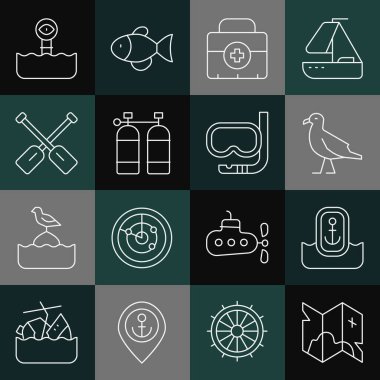 Korsan hazine haritası, çapalı konum, kuş martısı, ilk yardım çantası, Aqualung, Paddle, Periscope ve dalış maskesi ve şnorkel ikonu. Vektör