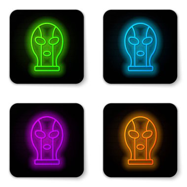 Parlayan neon hattı Meksikalı güreşçi ikonu beyaz arka planda izole edilmiş. Siyah kare düğme. Vektör
