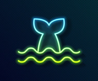 Okyanus dalgası ikonunda parlayan neon hattı Balina kuyruğu siyah arka planda izole edildi. Vektör