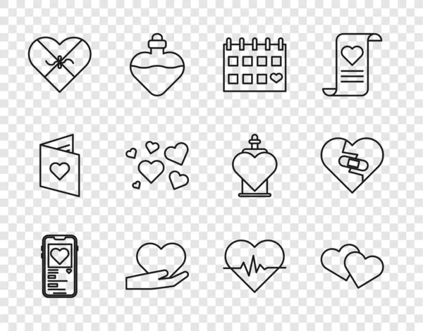 Установить Линию Мобильная Сердцем Сердцем Календарь Руке Кэнди Форме Коробки — стоковый вектор