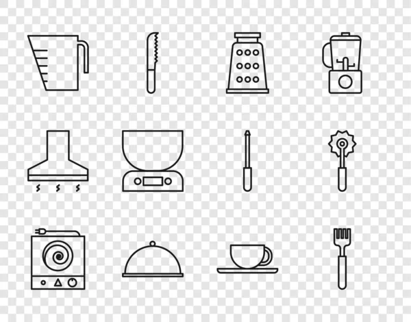 Set Line Estufa Eléctrica Tenedor Rallador Cubierto Con Bandeja Taza — Archivo Imágenes Vectoriales