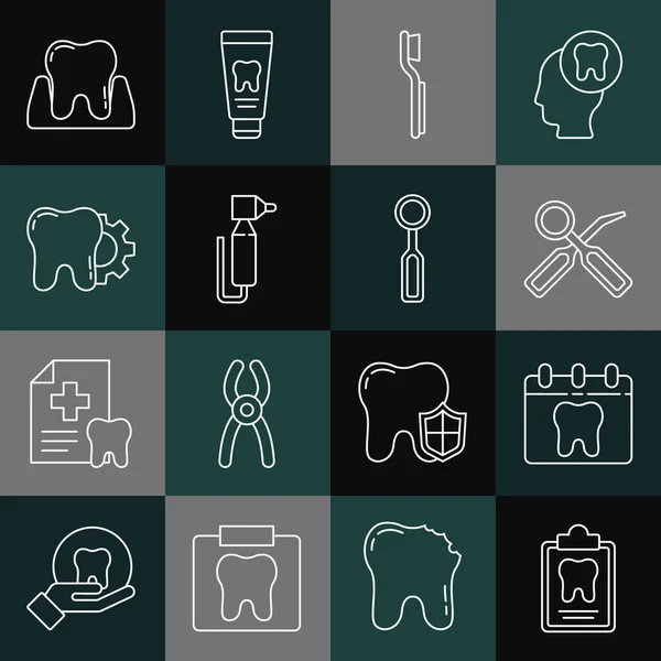 Set Line Dentalkarte Kalender Mit Zahn Inspektionsspiegel Zahnbürste Bohrer Behandlungsverfahren — Stockvektor