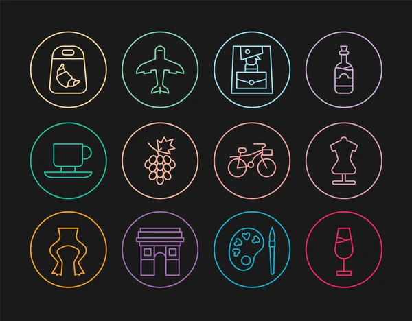 Şarap kadehi, manken, el çantası, üzüm suyu, kahve fincanı, kruvasan paketi, bisiklet ve uçak ikonu. Vektör