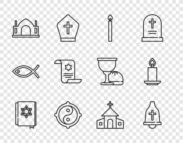 Set Line Livre Torah Juive Cloche Église Bougie Ardente Yin — Image vectorielle