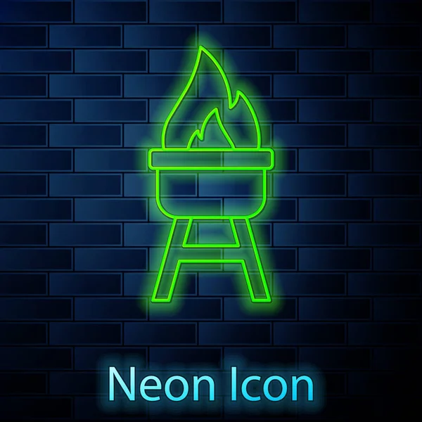 Zářící Neonová Čára Ikona Grilu Cihlové Zdi Izolovaná Pozadí Bbq — Stockový vektor