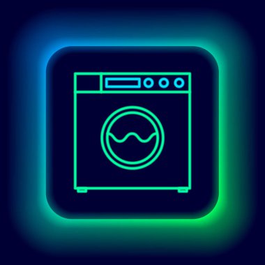 Parlayan neon hattı yıkama ikonu siyah arkaplanda izole edildi. Çamaşır makinesi simgesi. Çamaşır makinesi, çamaşır makinesi. Ev aletleri sembolü. Renkli taslak konsepti. Vektör