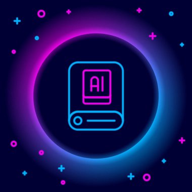 Parlayan neon hattı yapay zeka simgesi siyah arkaplanda izole edildi. Makine öğrenme, bulut hesaplama, otomatik destek ve ağlar. Renkli taslak konsepti. Vektör