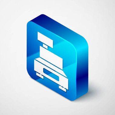 Gri arka planda izole edilmiş çek simgesine sahip Isometric yazar kasa makinesi. Kasiyer tabelası. Tabut sembolü. Mavi kare düğme. Vektör İllüstrasyonu.