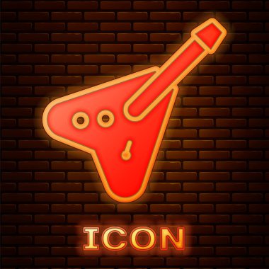 Parlayan neon elektro gitar ikonu tuğla duvar arka planında izole edilmiş. Vektör.