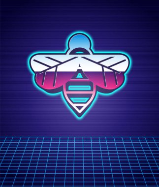 Retro stil arı simgesi, gelecekteki manzara görüntülerini izole etti. Tatlı doğal yemek. Bal arısı ya da kanat sembollü apis. Uçan böcek. 80 'lerin moda partisi. Vektör