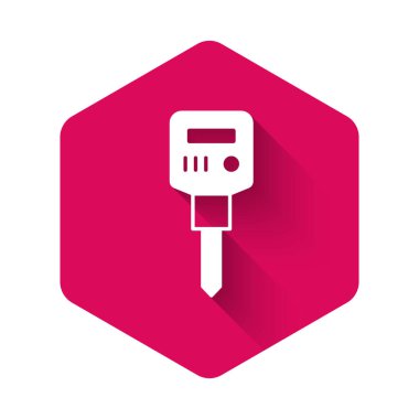 Beyaz İnşaat kaya matkabı ikonu uzun gölge arkaplanı ile izole edilmiş. Pembe altıgen düğmesi. Vektör