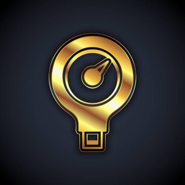 Altın Ölçek simgesi siyah arkaplanda izole edildi. Memnuniyet, sıcaklık, manometre, risk, değerlendirme, performans, hız taktik ölçer. Vektör