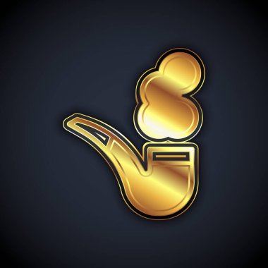 Siyah arka planda izole edilmiş duman simgesi olan altın tüttürme piposu. Tütün piposu. Vektör