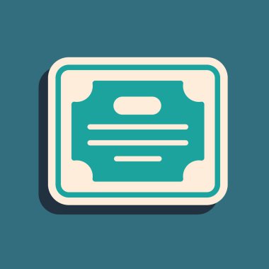 Yeşil Sertifika şablon simgesi yeşil arkaplanda izole edildi. Başarı, ödül, diploma, burs, diploma kavramları. Uzun gölge tarzı. Vektör