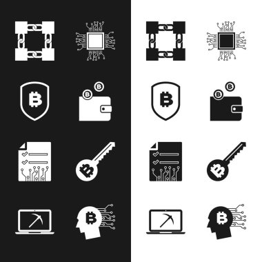 Kripto para birimi cüzdanı, bitcoin kalkanı, engelleme teknolojisi, işlemci, akıllı sözleşme ve anahtar simgesi. Vektör