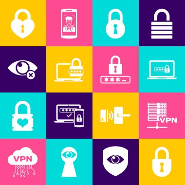 Lock, Server VPN, parolalı laptop ve Görünmez gizleme simgesini ayarla. Vektör