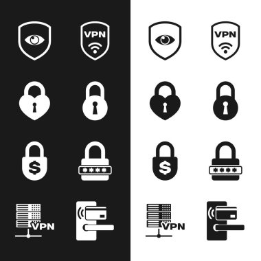 Lock, Castle 'ı VPN kablosuz, para kilidi ve şifre koruma ikonu ile kalp, kalkan ve göz şeklinde ayarla. Vektör