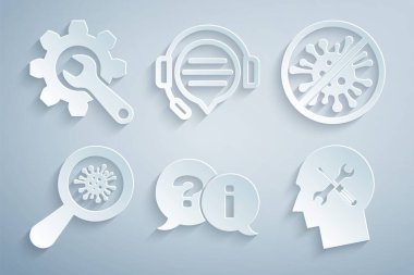 Soru ve Ünlem, Durdur virüsü, bakterileri, mikroorganizmaları büyüteç altında, İnsan baş servisini, konuşma balonlu kulaklıkları ve Wrench vites simgesini ayarlayın. Vektör