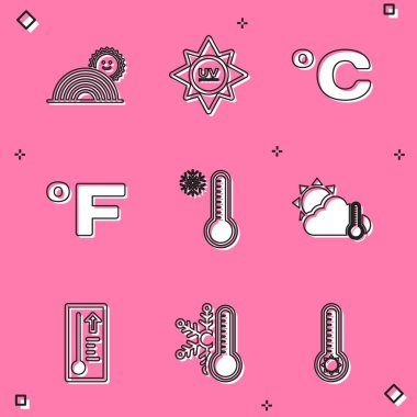 Gökkuşağını güneş, ultraviyole koruma, Celsius, Fahrenheit, Meteoroloji termometresi, termometre ve bulut ve kar tanesi ikonu ile ayarla. Vektör