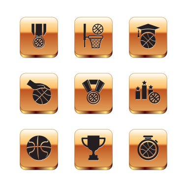 Basketbol madalyası, ödül kupası, basketbolla el, antrenman, Stopwatch ve ikon. Vektör