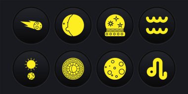 Gündönümü, Kova burcu, Astroloji burç çemberi, Ay, Sihirli top, Güneş tutulması, Leo ve Kuyrukluyıldız hızla ikona düşüyorlar. Vektör